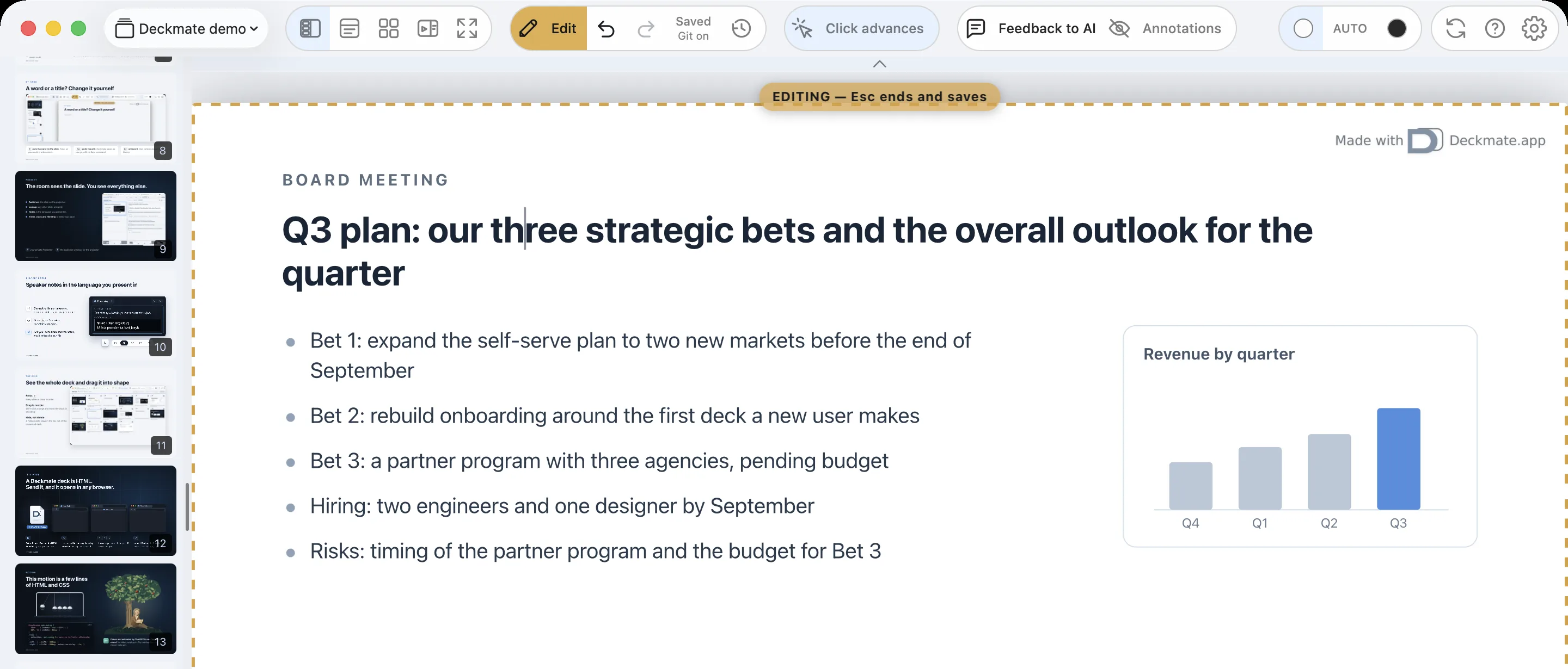 Edit mode in the deck window, the caret in a slide title