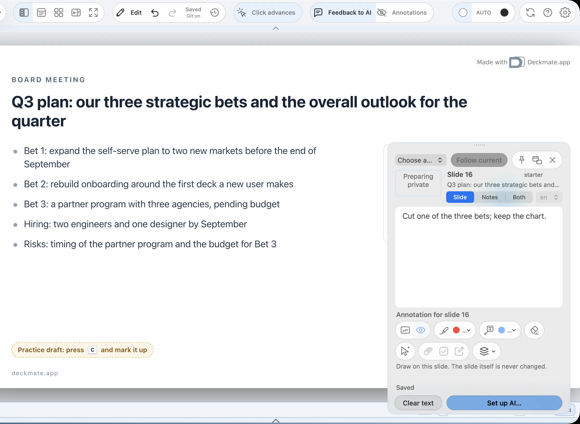 Feedback to AI open on a slide, with a note for the AI