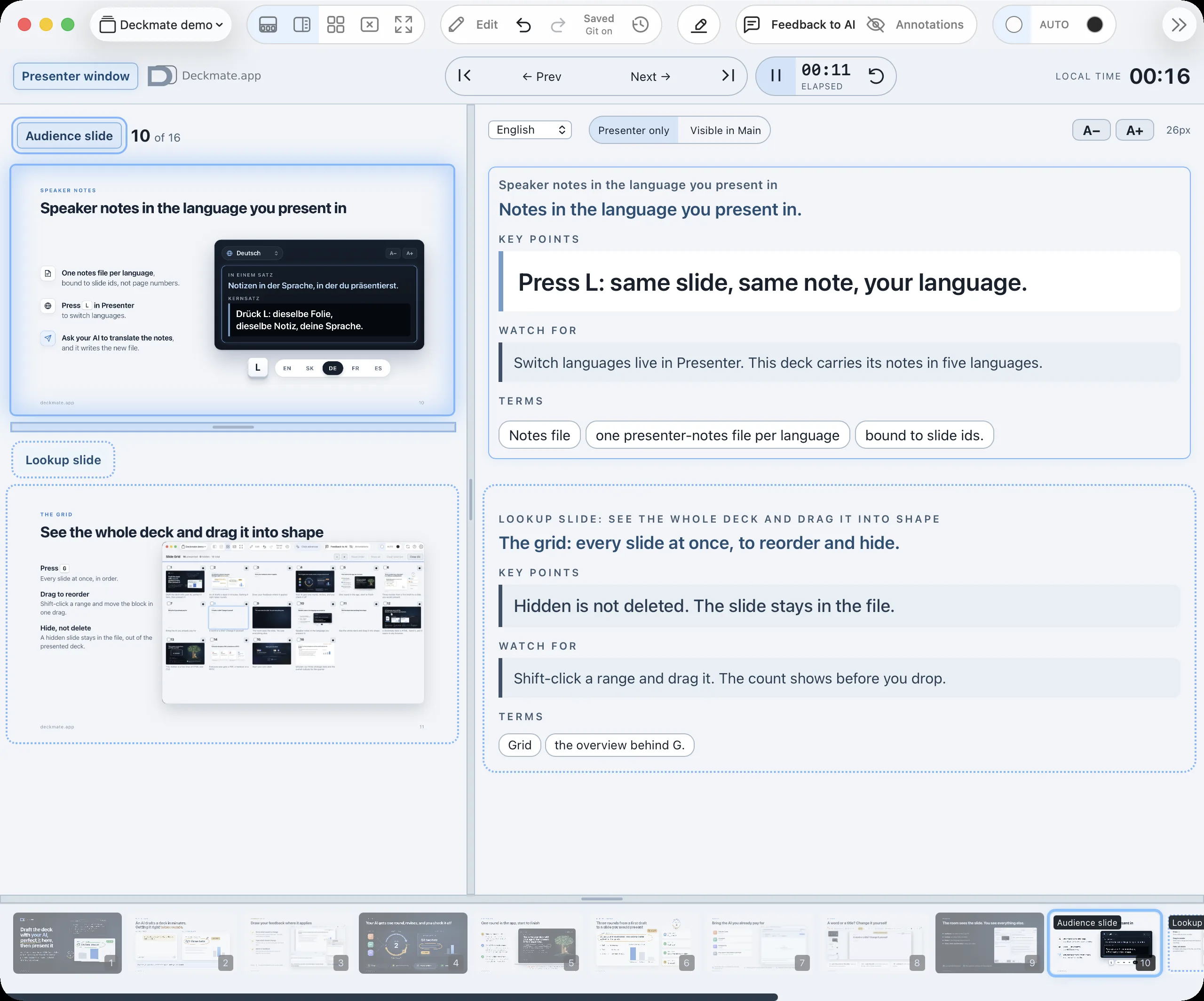 The Presenter window: Audience and Lookup slides, speaker notes, timer and filmstrip
