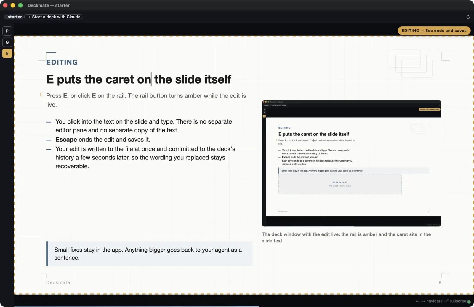 Edit mode in the deck window: an amber rail marks the editing state and the text caret sits directly on the slide