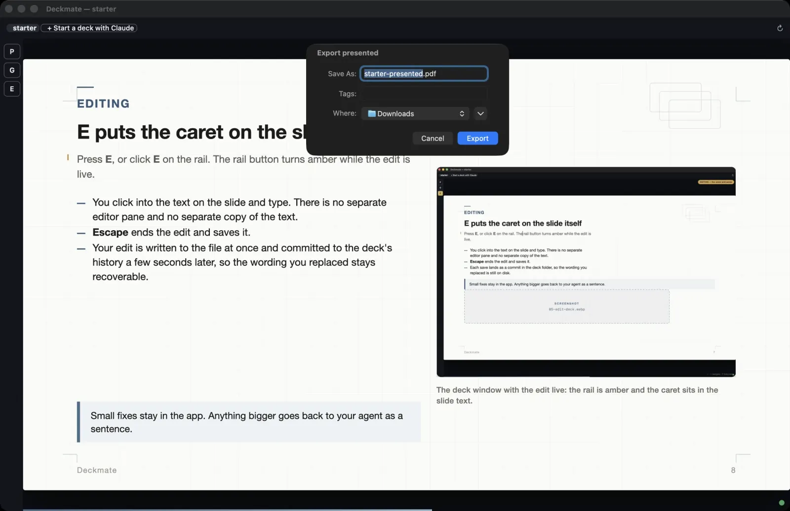 The macOS save dialog open over the deck window, exporting a Presented PDF