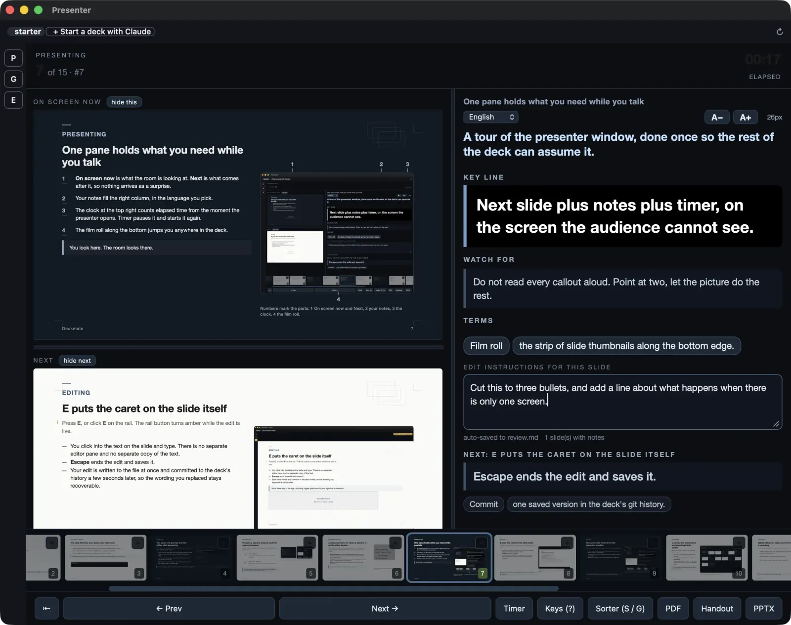 The presenter's Edit instructions box with a note typed in, saved to review.md in the deck folder